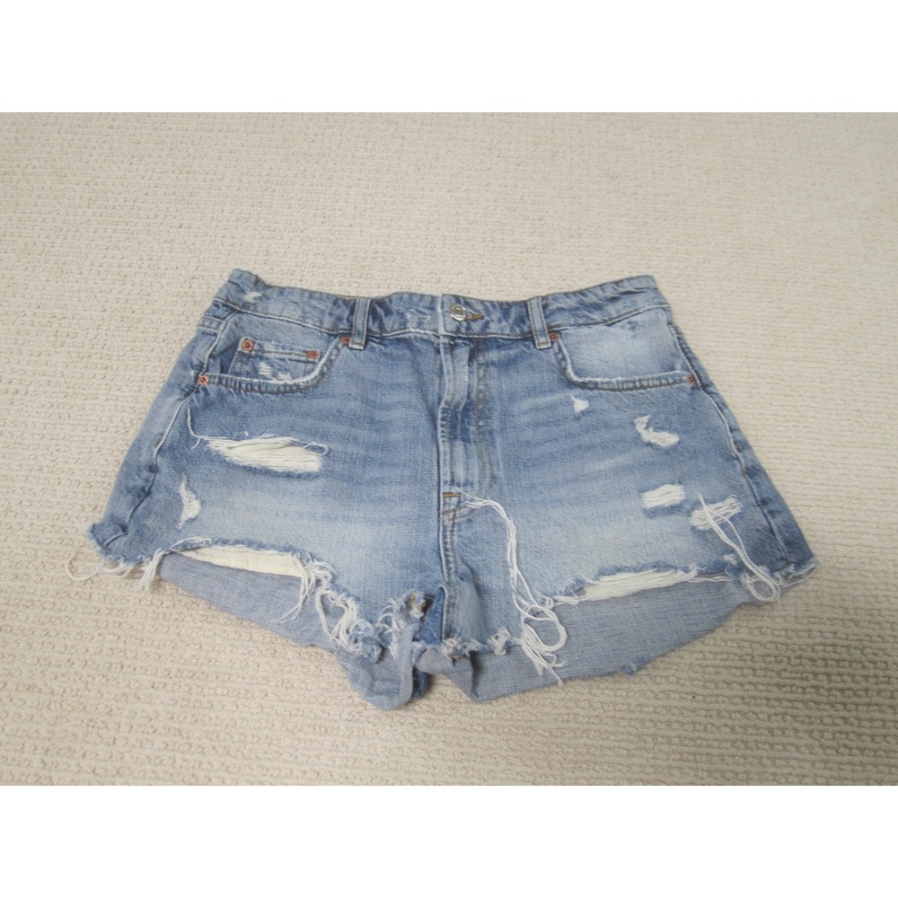 Zara Shorts Womens 8 Blue Distressed High Rise Denim HW Short‎ Raw Hem Summer